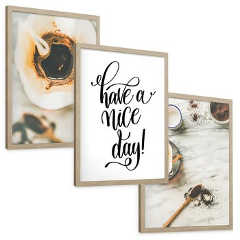 Zestaw obrazy w ramie, plakaty - kawa, napój, filiżanka - rama drewno