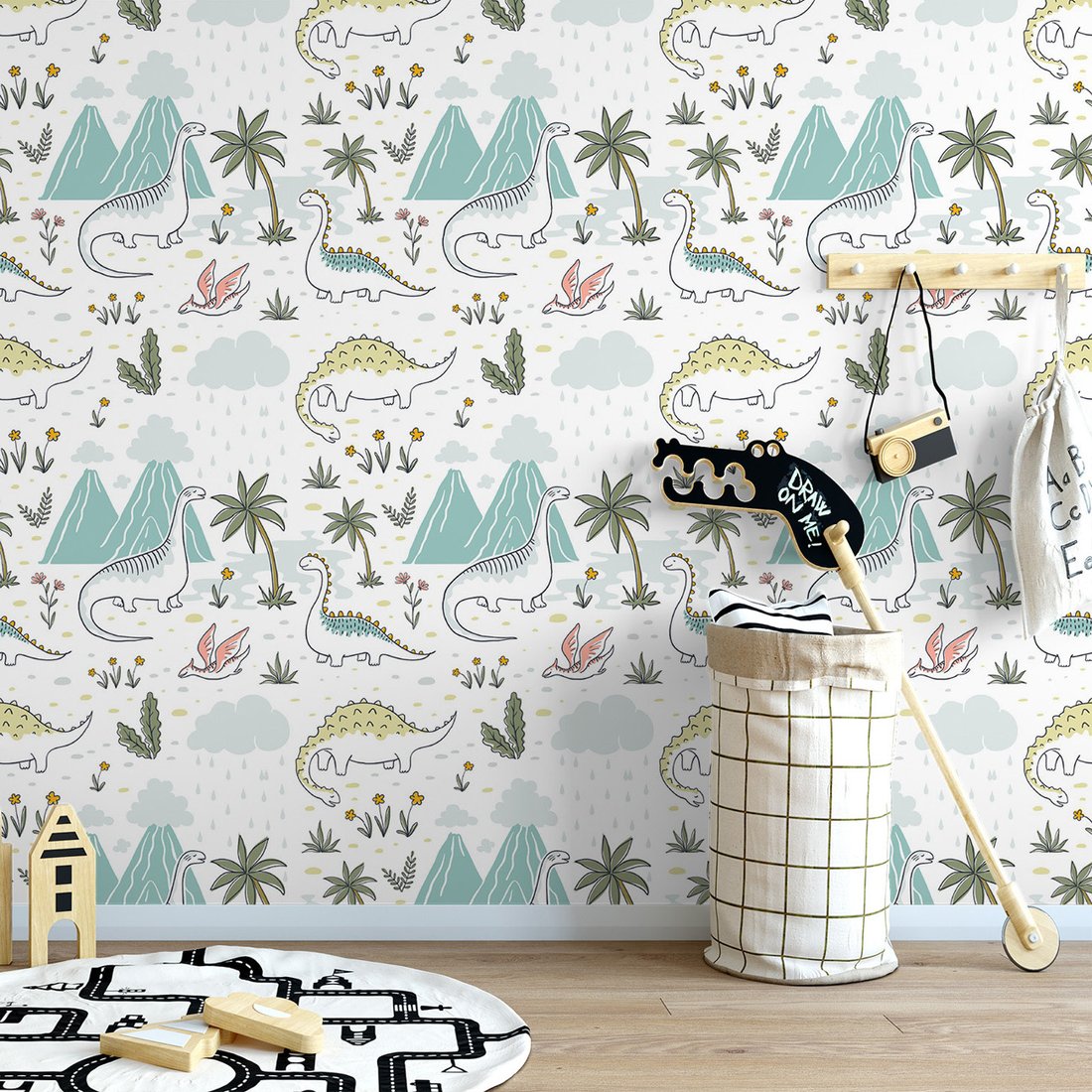 Tapeta - dziecięca, dinozaury, palmy, góry