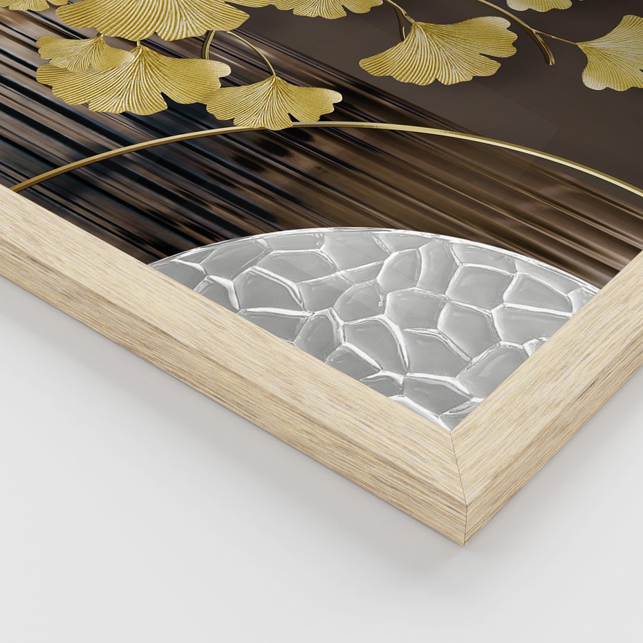 Zestaw obrazy w ramie, plakaty - złoty, liście, abstrakcja - rama drewno