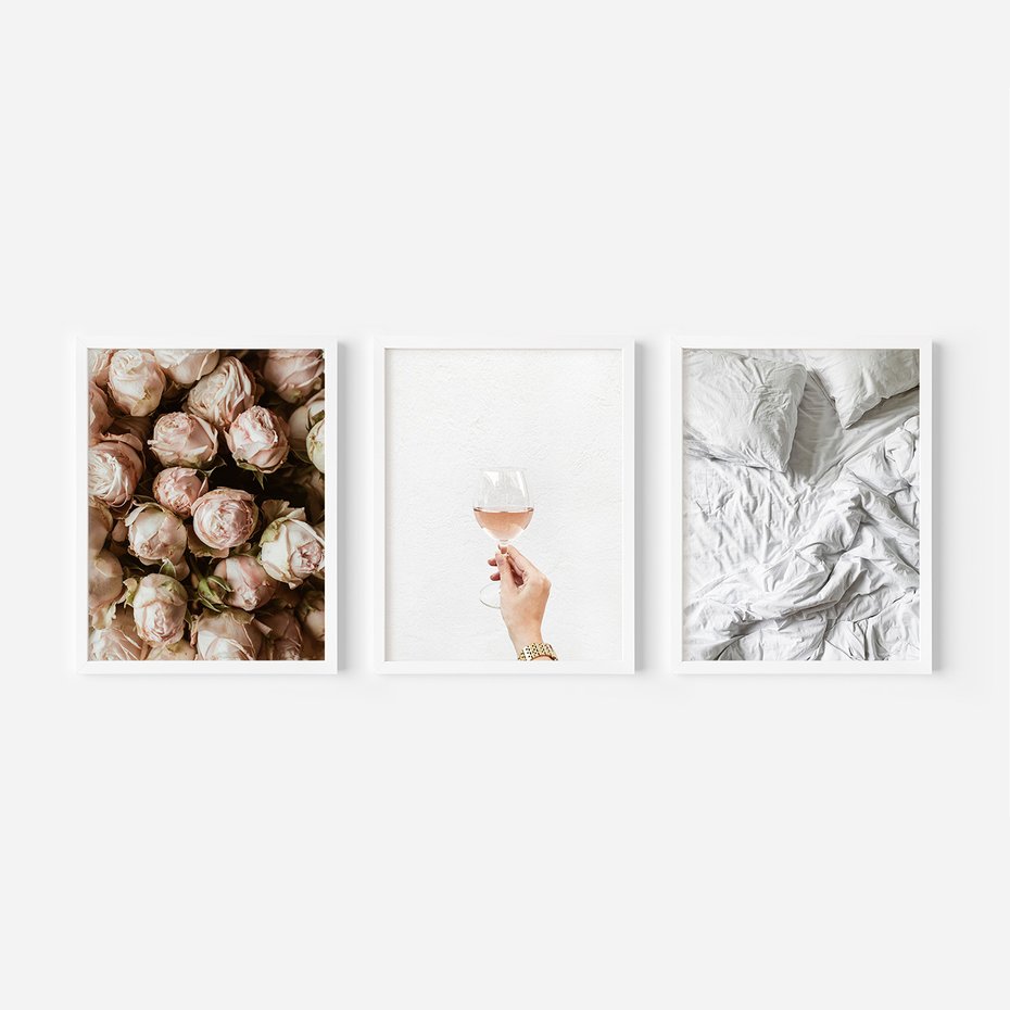 Zestaw obrazy w ramie, plakaty - róże, wino, pościel - rama biała
