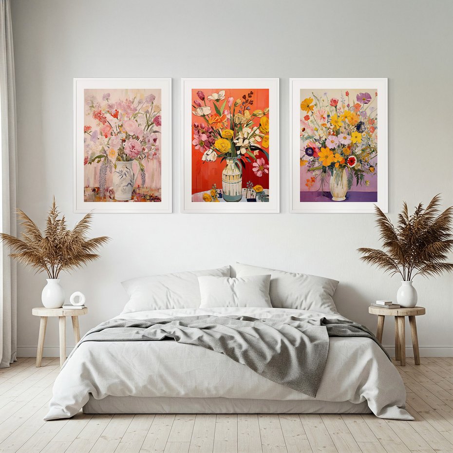 Zestaw obrazy w ramie, plakaty - kwiaty, wazon, bukiet - rama biała