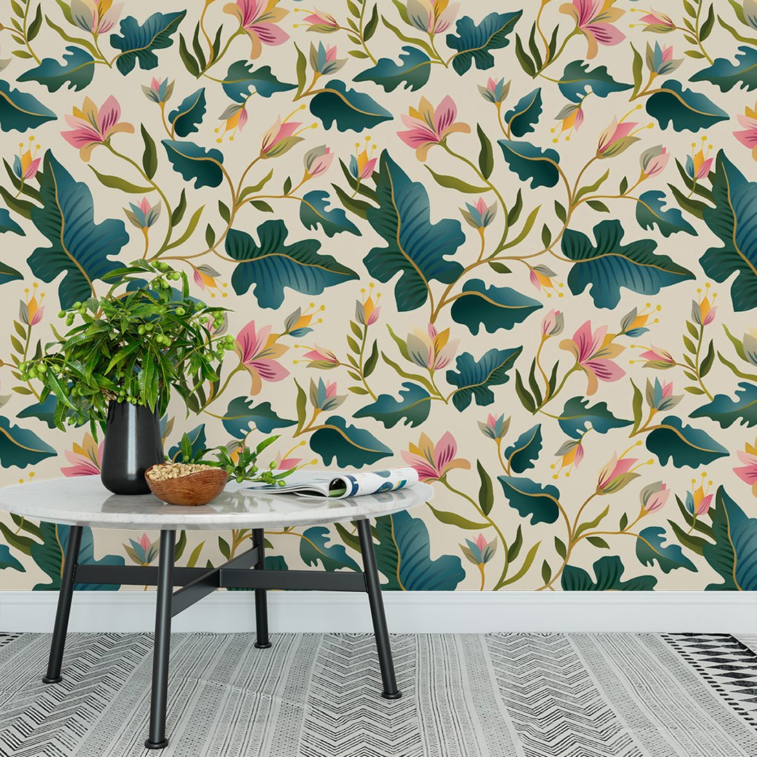 Tapeta - kwiaty, liście, gałązki