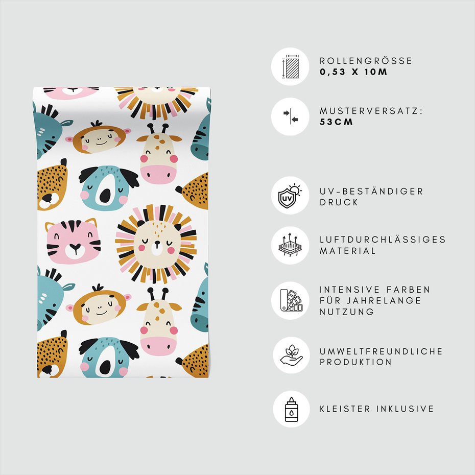 Tapeta - dziecięca, zwierzęta, ilustracje, twarze