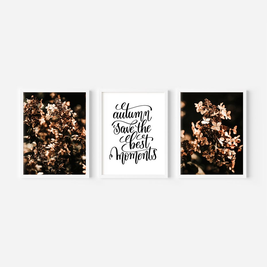 Zestaw obrazy w ramie, plakaty - kwiaty, jesień, dekoracja - rama biała
