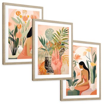 Zestaw obrazy w ramie, plakaty - kobieta, kwiaty, liście - rama drewno