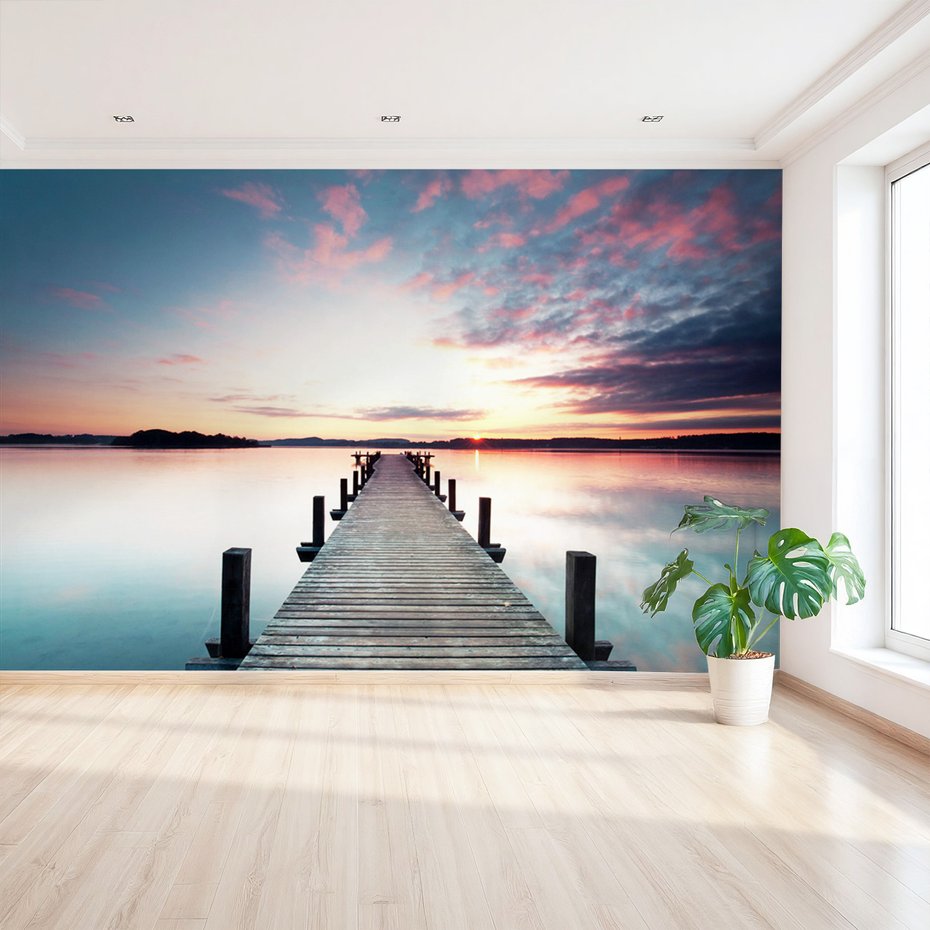 Fototapeta - jezioro, pomost, zachód słońca