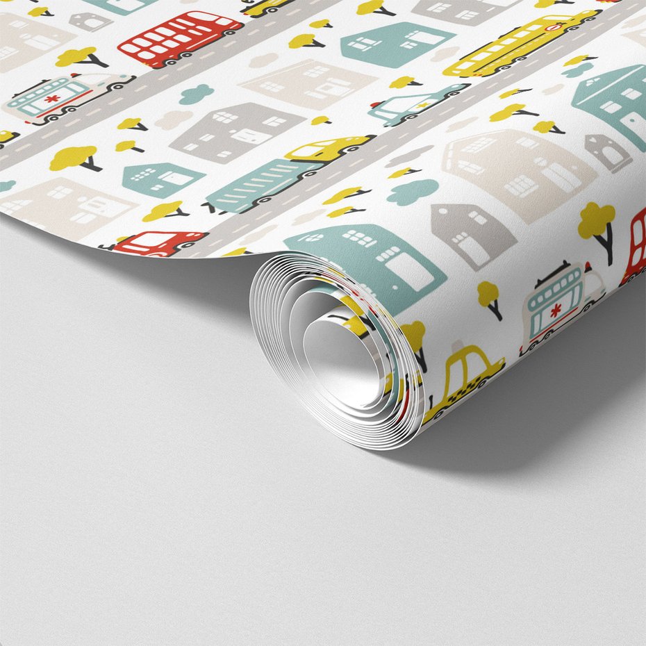 Tapeta - dziecięca, miasto, pojazdy, drzewa