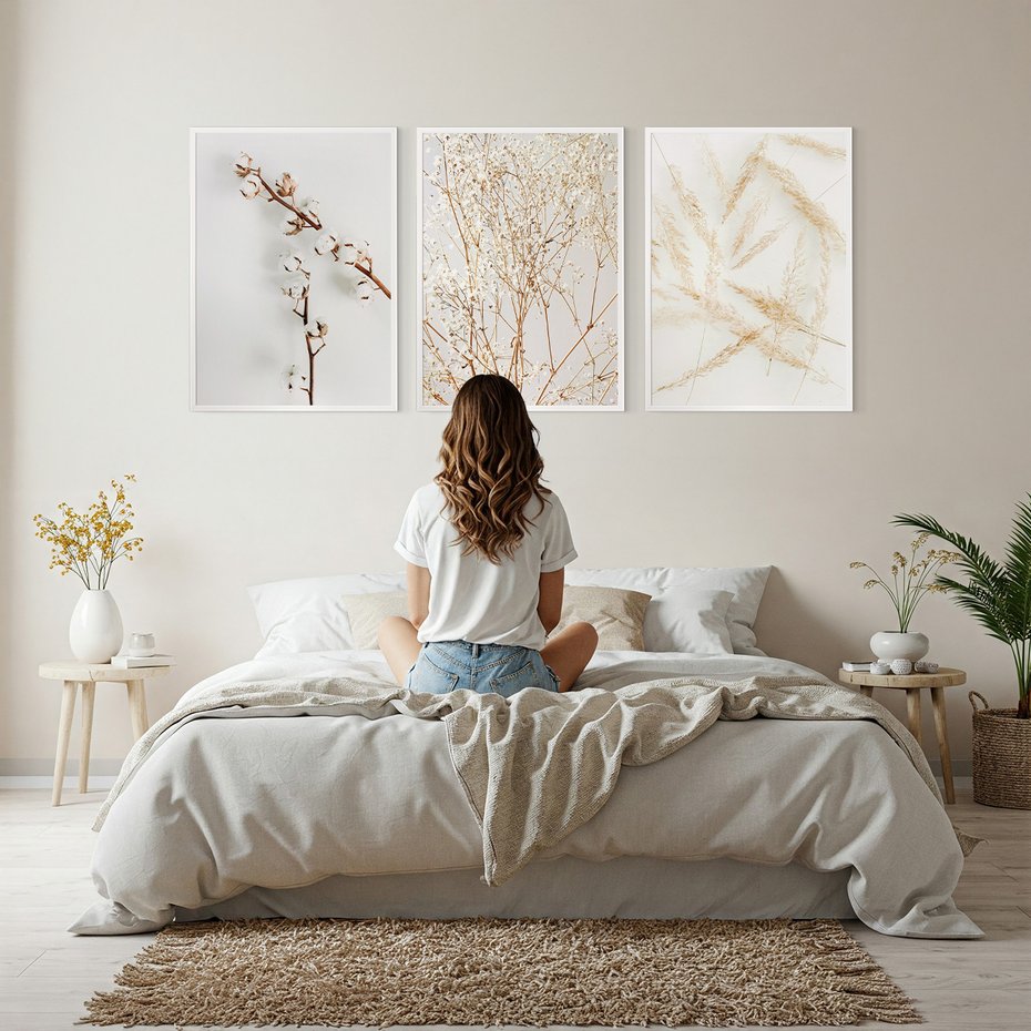 Zestaw obrazy w ramie, plakaty - kwiaty, gałązki, minimalizm - rama biała