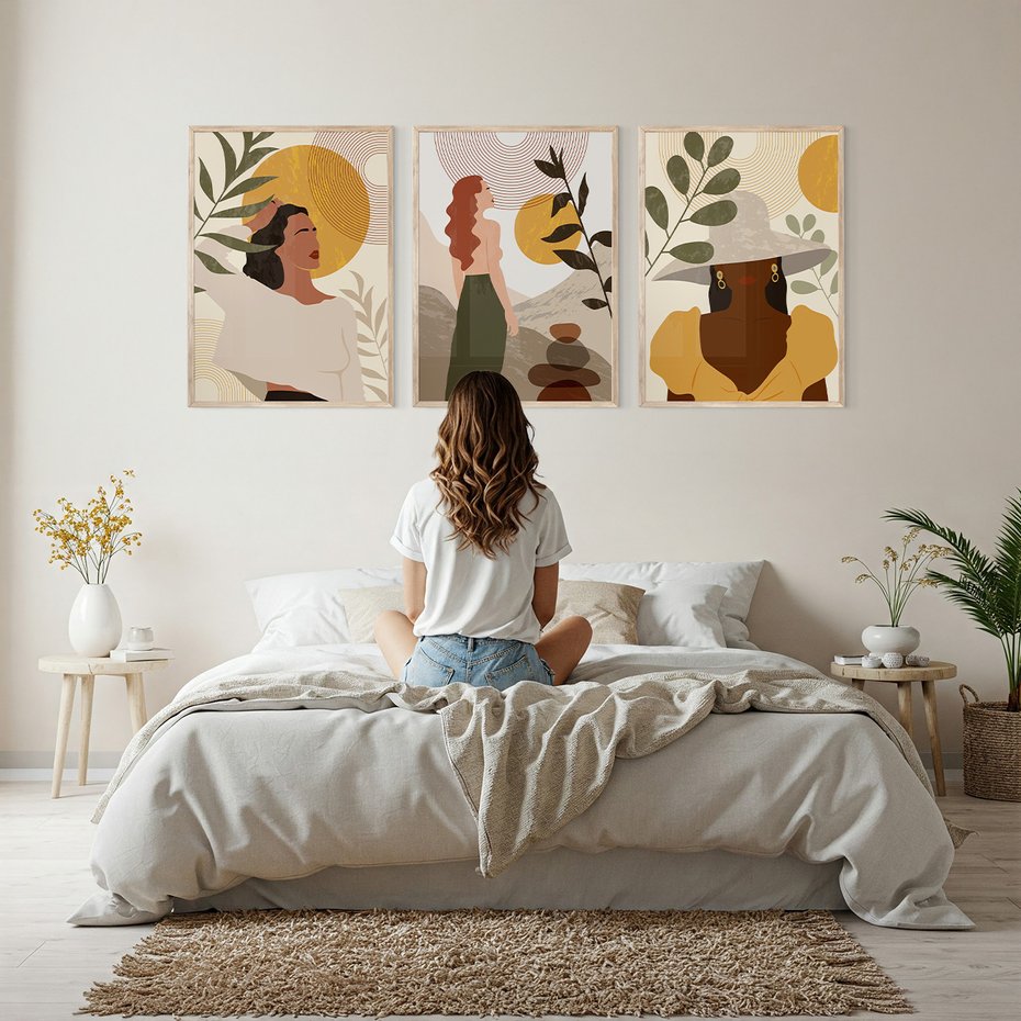 Zestaw obrazy w ramie, plakaty - kobiety, abstrakcja, boho - rama drewno