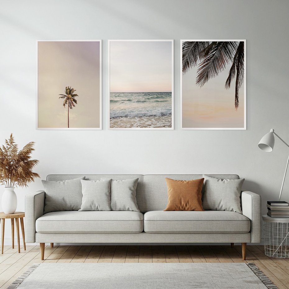 Zestaw obrazy w ramie, plakaty - plaża, morze, palmy - rama biała
