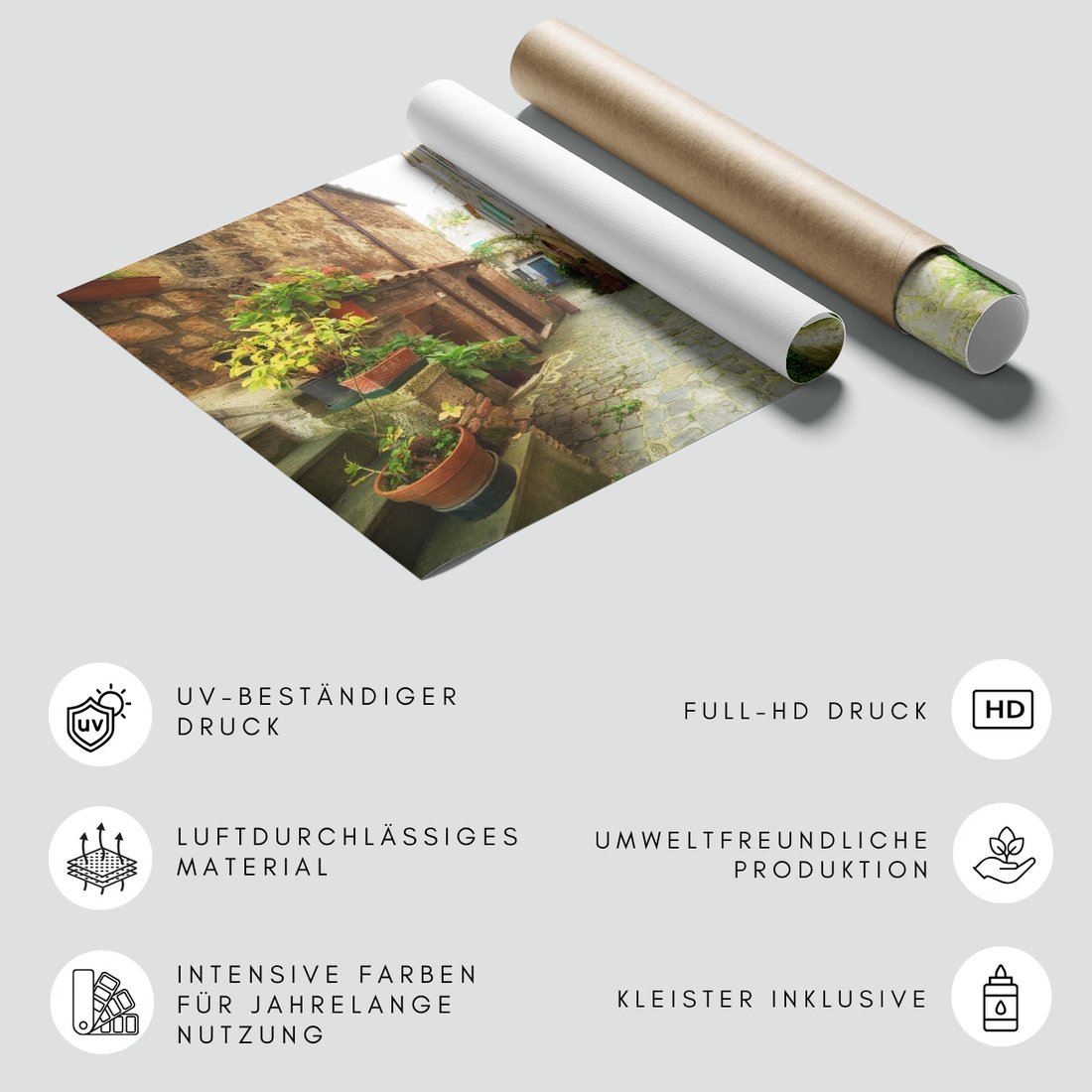 Fototapeta - uliczka, kwiaty, kamień