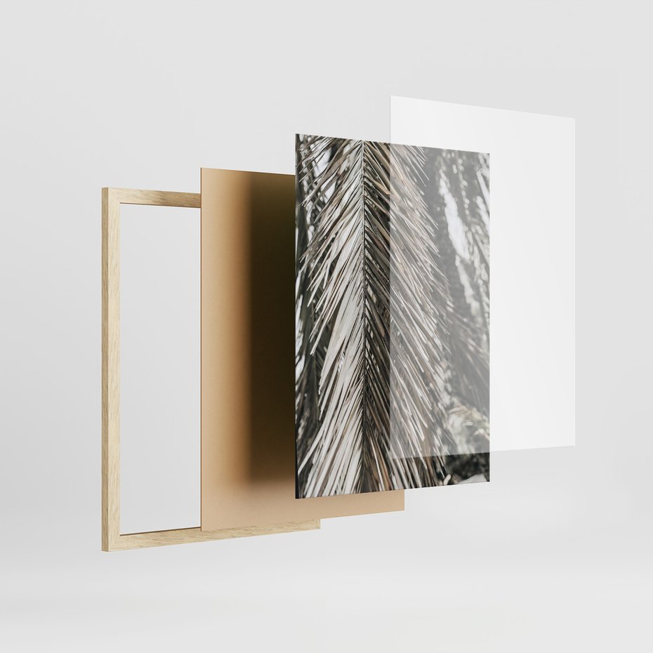 Zestaw obrazy w ramie, plakaty - liście, palmy, napisy - rama drewno