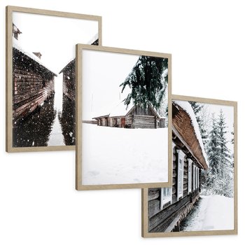 Zestaw obrazy w ramie, plakaty - zima, śnieg, budynki - rama drewno