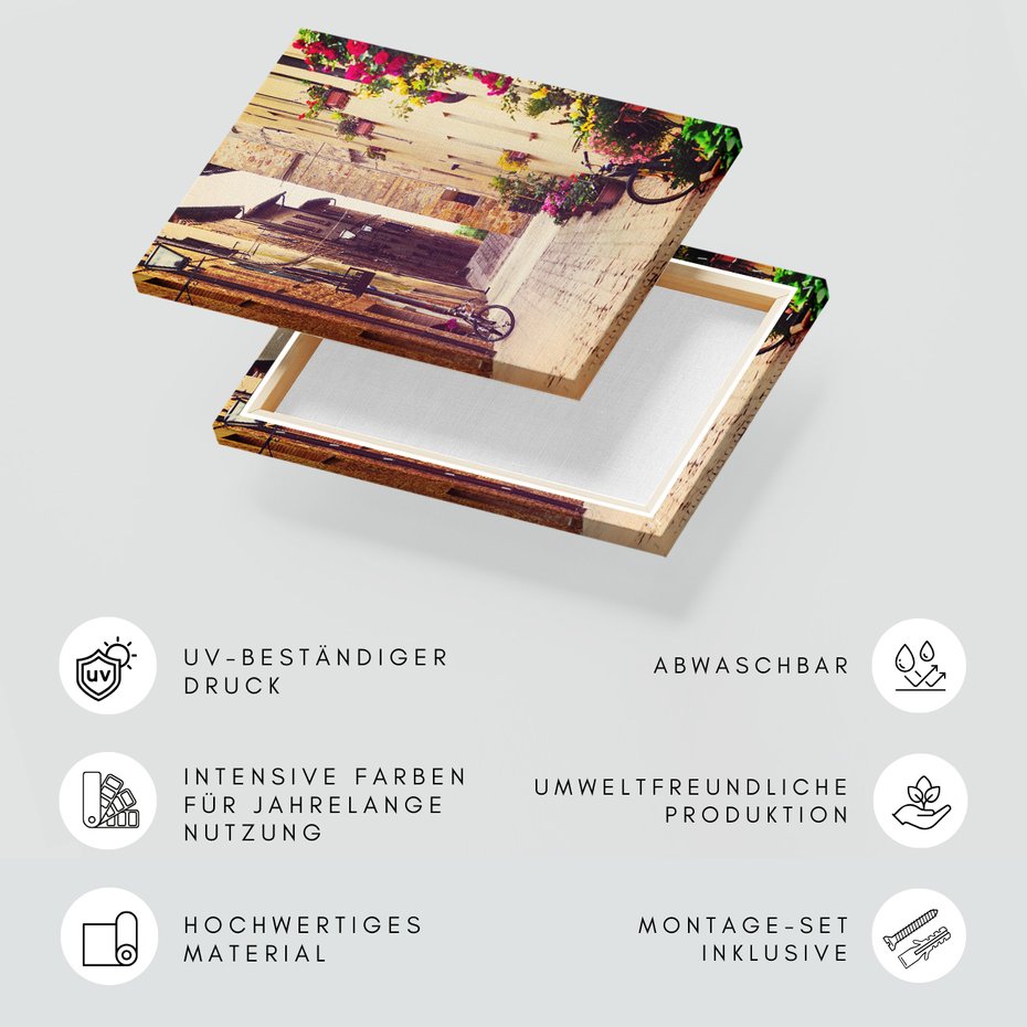 Obraz na płótnie - uliczka, kwiaty, rowery