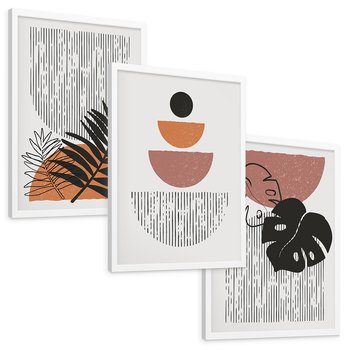 Zestaw obrazy w ramie, plakaty - abstrakcja, liście, minimalizm - rama biała