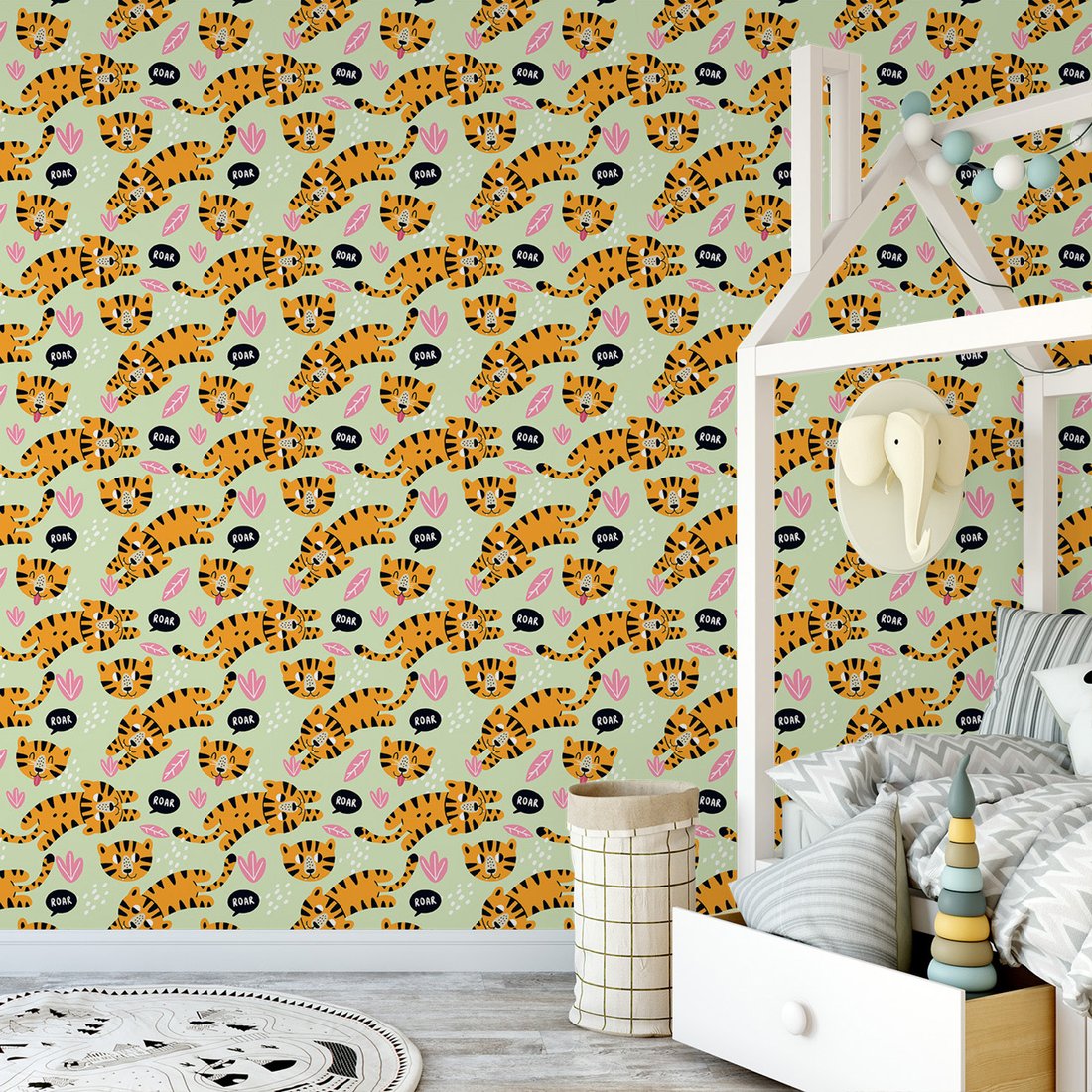 Tapeta - dziecięca, tygrysy, liście,
