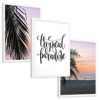 Zestaw obrazy w ramie, plakaty - palma, tropiki, morze - rama biała