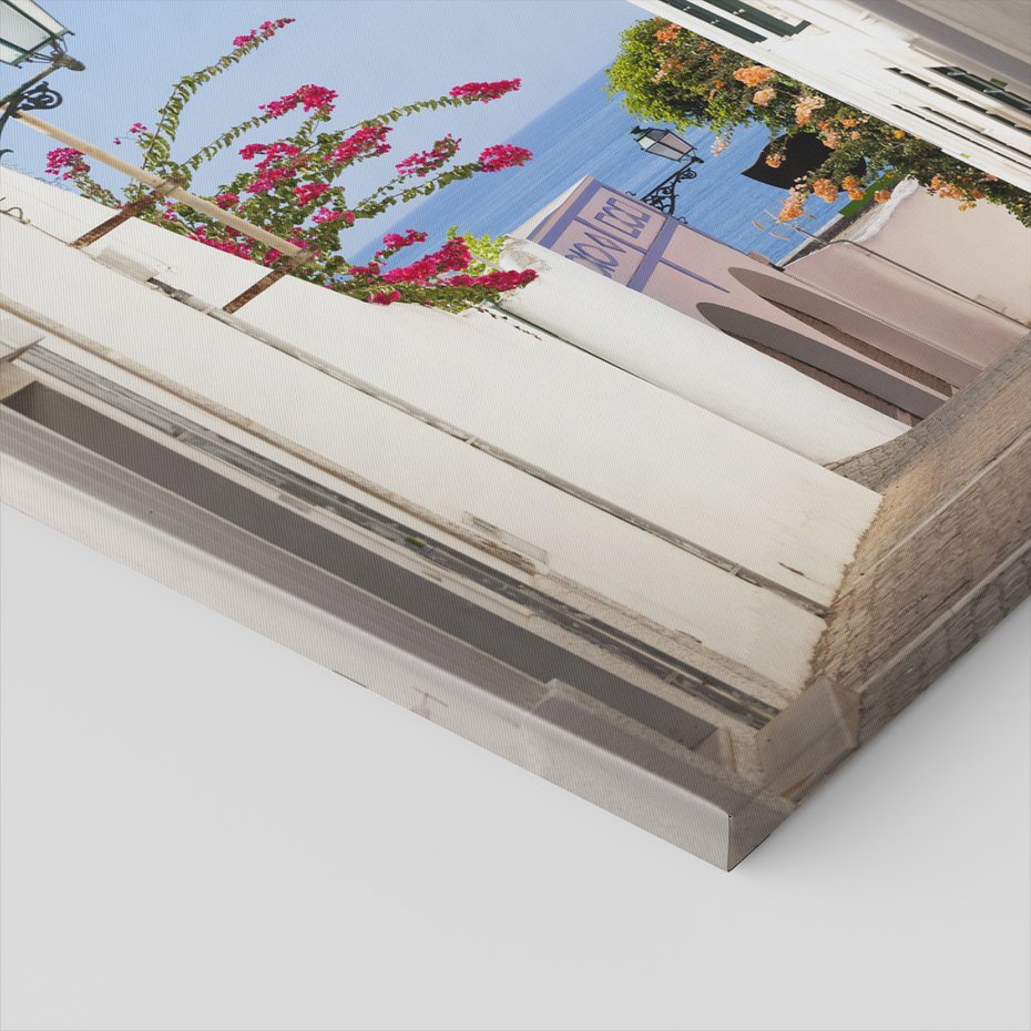 Obraz na płótnie - uliczka, kwiaty, biały