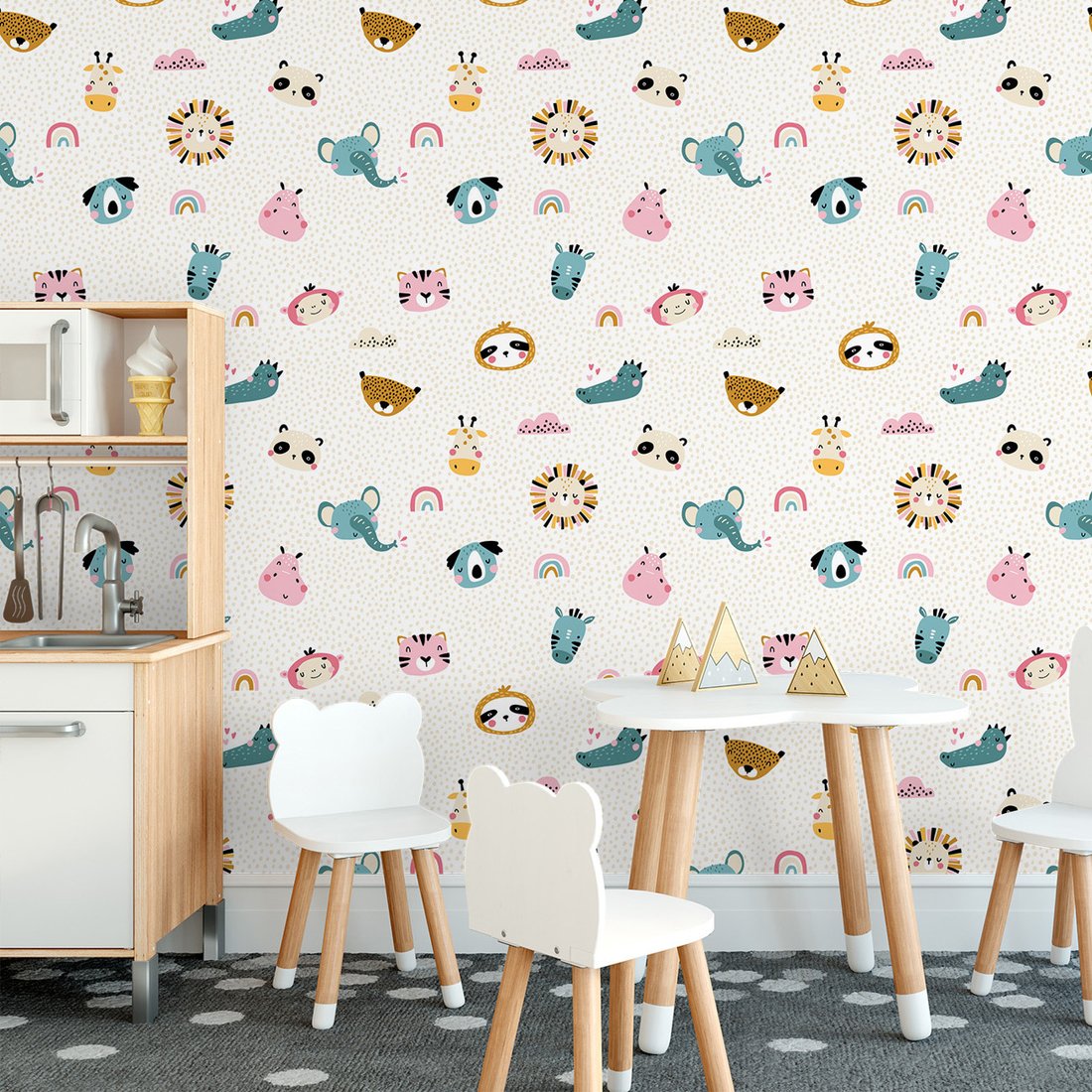 Tapeta - dziecięca, zwierzęta, tęcza, wzór
