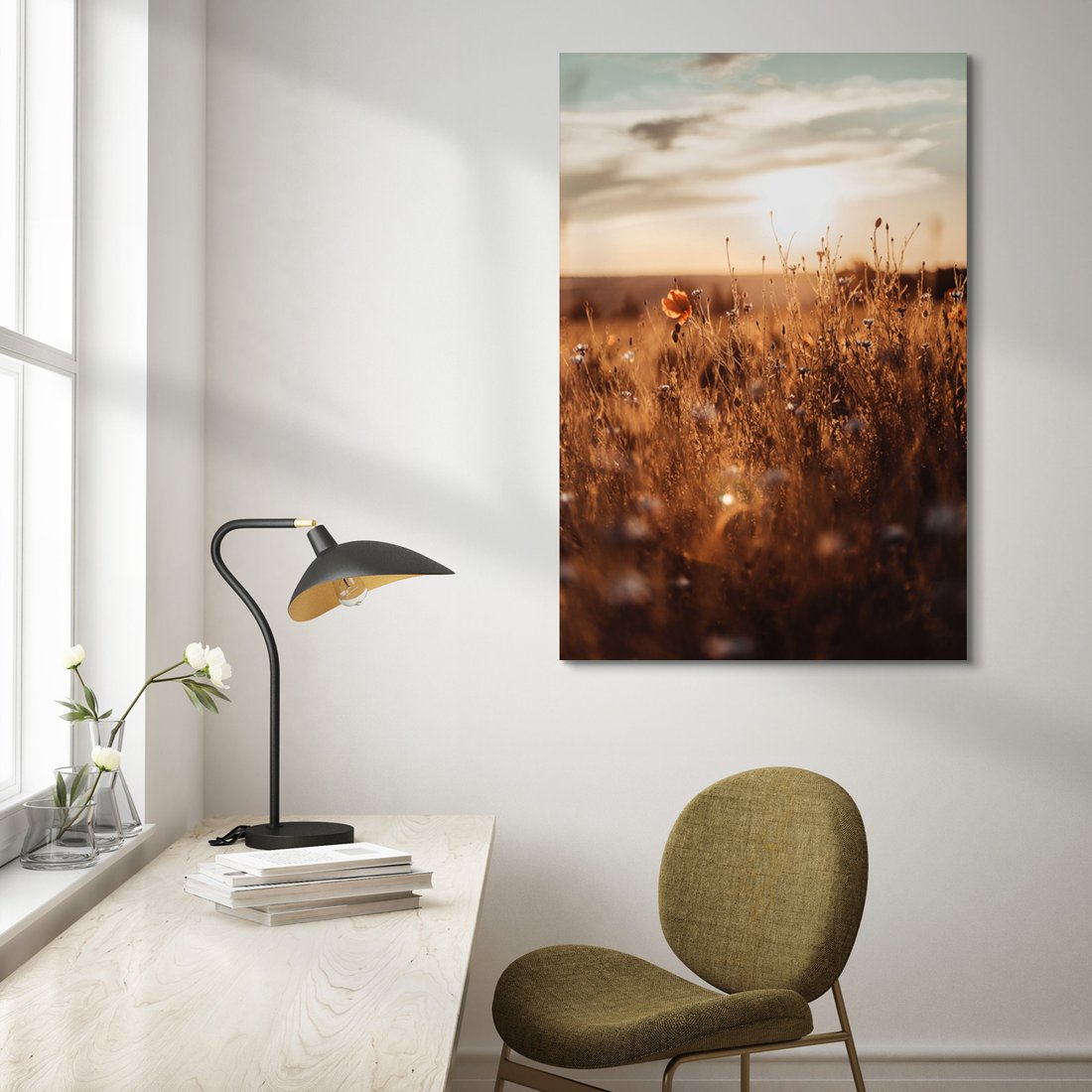 Obraz na płótnie - łąka, kwiaty, zachód słońca