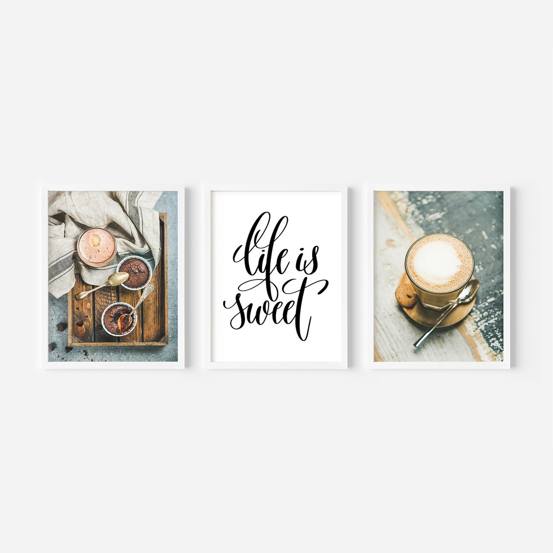 Zestaw obrazy w ramie, plakaty - kawa, deser, napój - rama biała