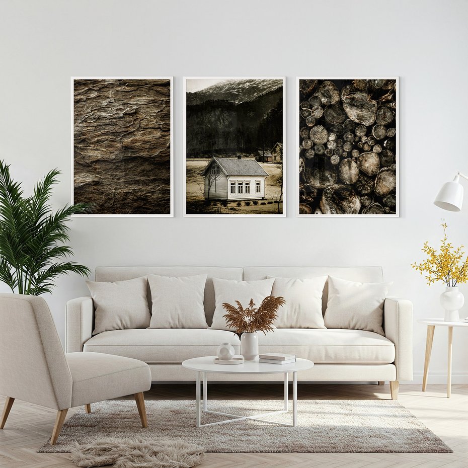 Zestaw obrazy w ramie, plakaty - dom, natura, drewno - rama biała