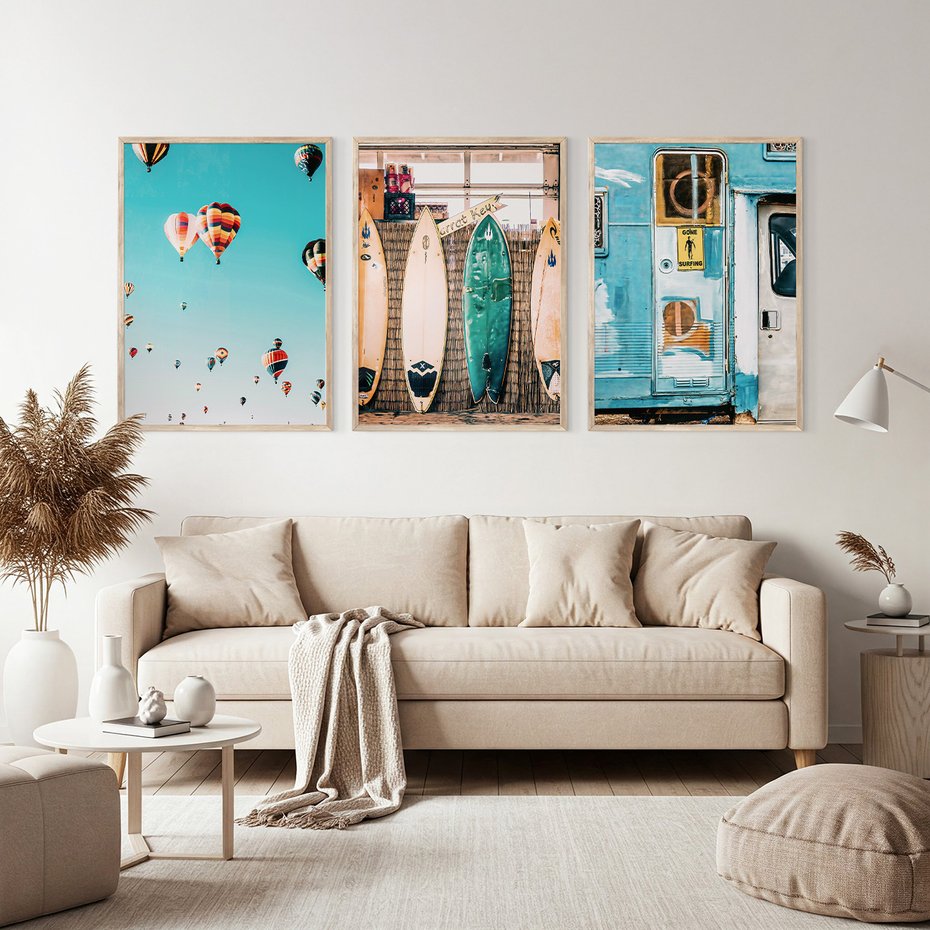Zestaw obrazy w ramie, plakaty - podróże, plaża, wakacje - rama drewno