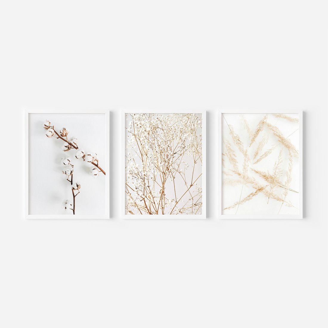 Zestaw obrazy w ramie, plakaty - kwiaty, gałązki, minimalizm - rama biała
