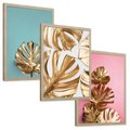 Zestaw obrazy w ramie, plakaty - liście, złoty, monstera - rama drewno