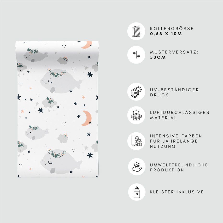 Tapeta - dziecięca, wieloryby, gwiazdy, księżyc