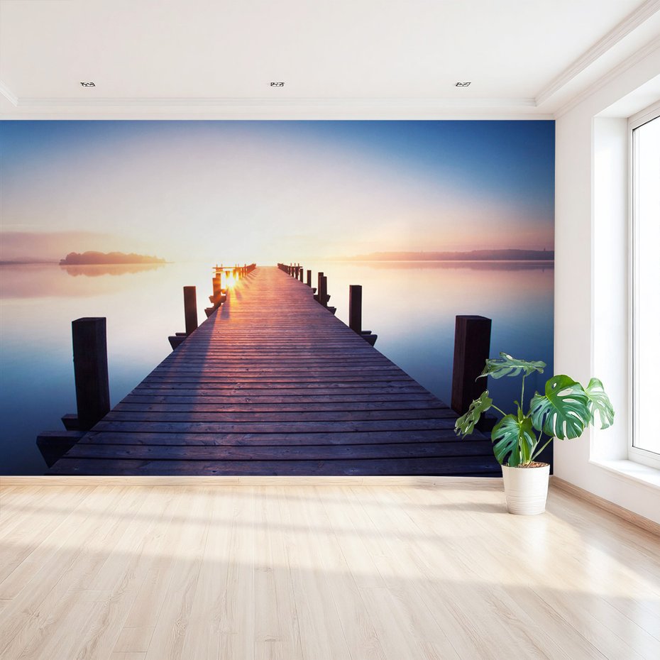 Fototapeta - jezioro, pomost, wschód słońca