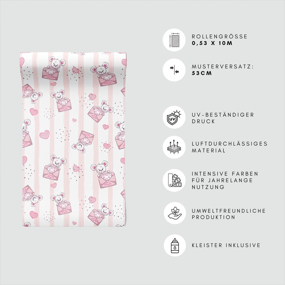 Tapeta - dziecięca, myszka, koperta, serca