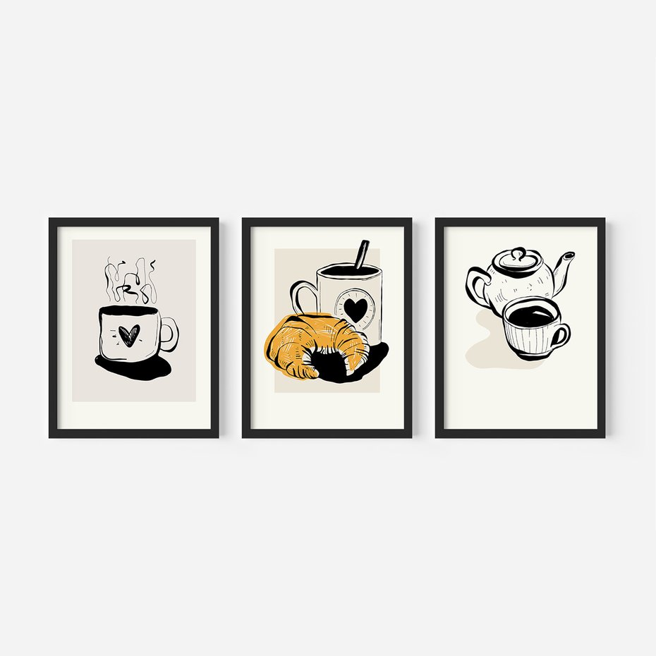 Zestaw obrazy w ramie, plakaty - kawa, filiżanka, croissant - rama czarna