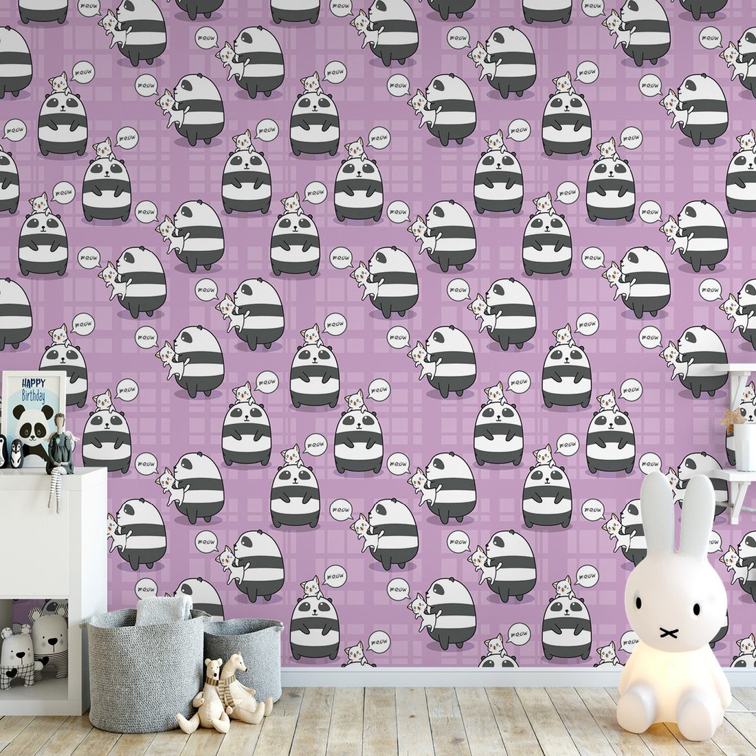 Tapeta - dziecięca, panda, kot, wzór