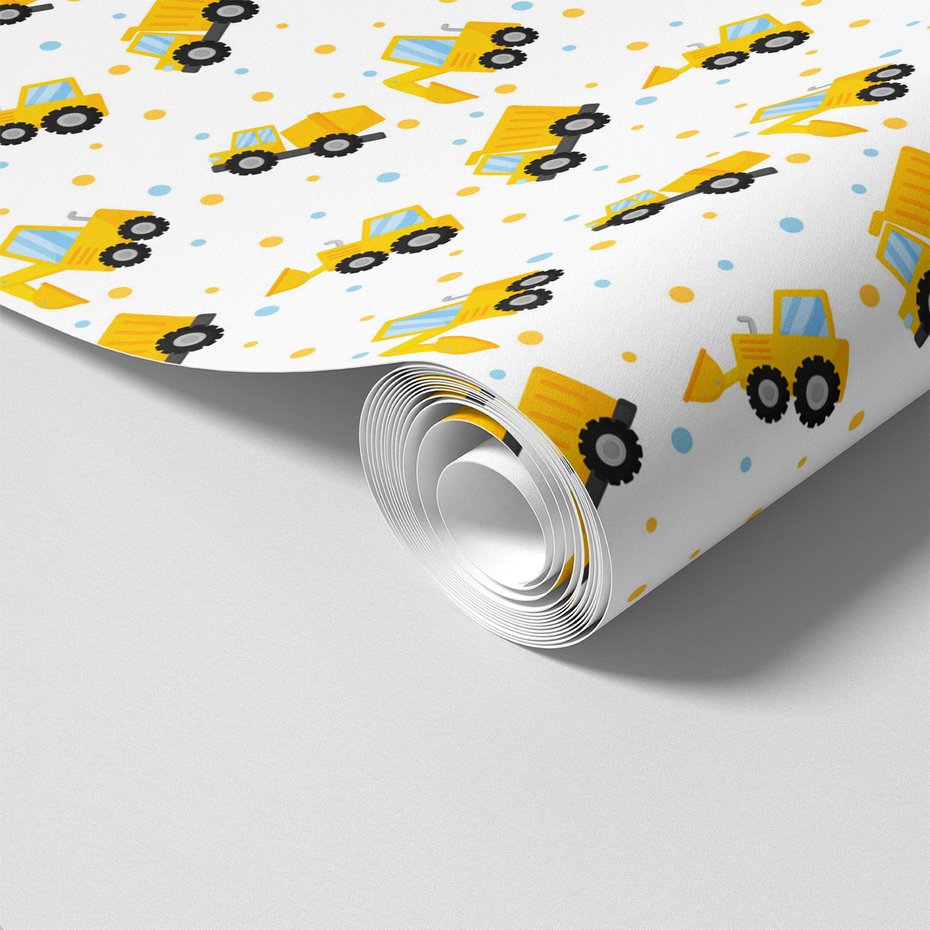 Tapeta - dziecięca, koparka, ciężarówka, kropki