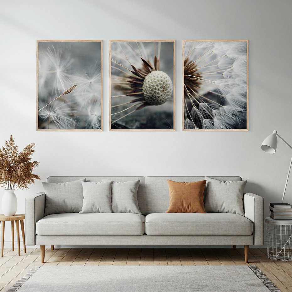 Zestaw obrazy w ramie, plakaty - dmuchawiec, nasiona, natura - rama drewno