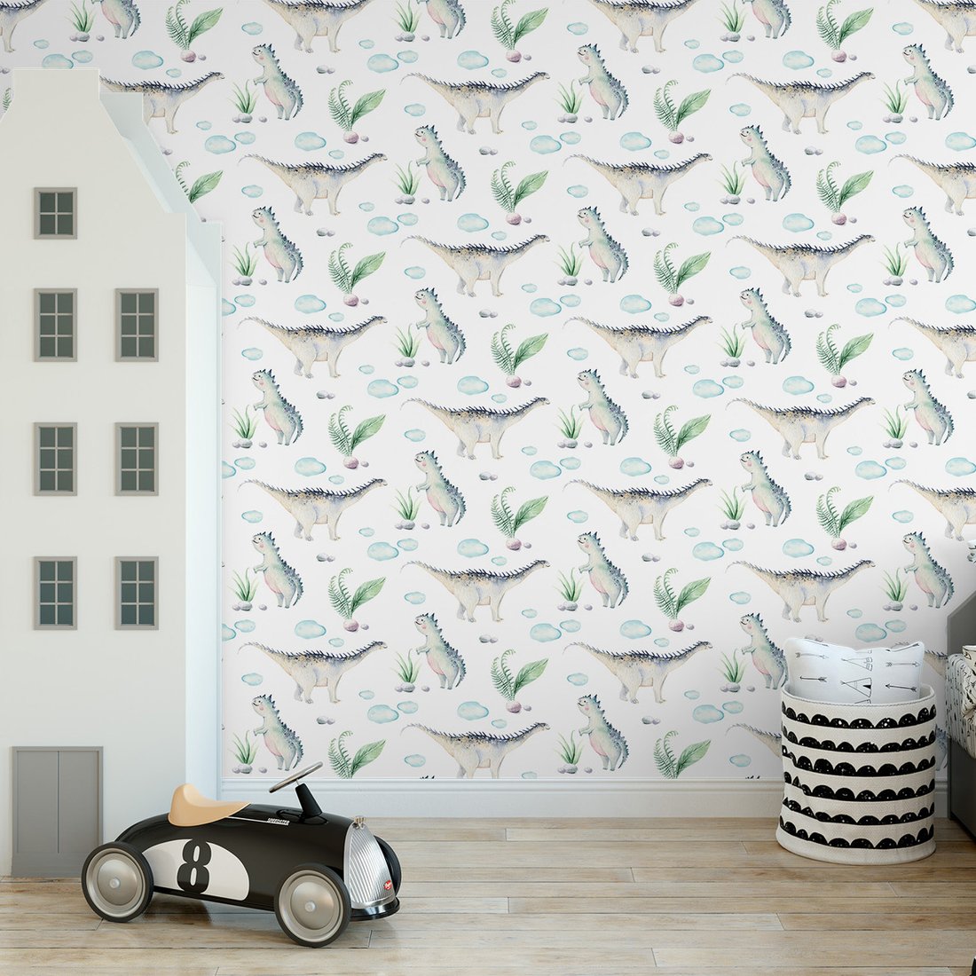 Tapeta - dziecięca, dinozaury, liście, chmury