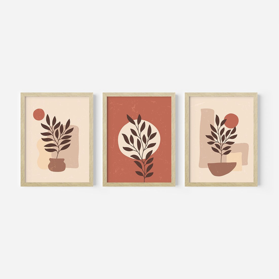 Zestaw obrazy w ramie, plakaty - liście, roślina, abstrakcja - rama drewno