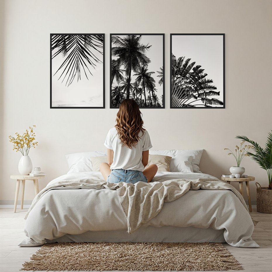 Zestaw obrazy w ramie, plakaty - palmy, liście, tropikalne - rama czarna