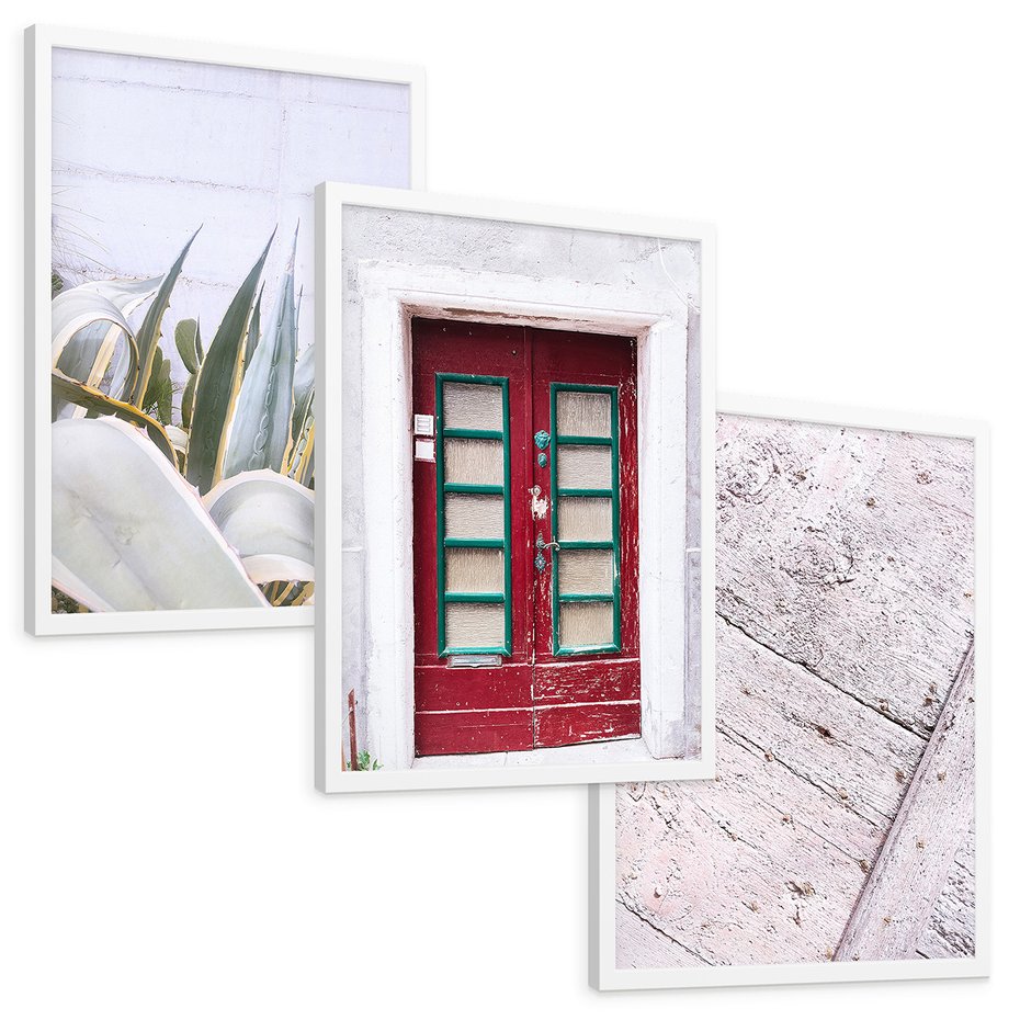 Zestaw obrazy w ramie, plakaty - rośliny, drzwi, drewno - rama biała