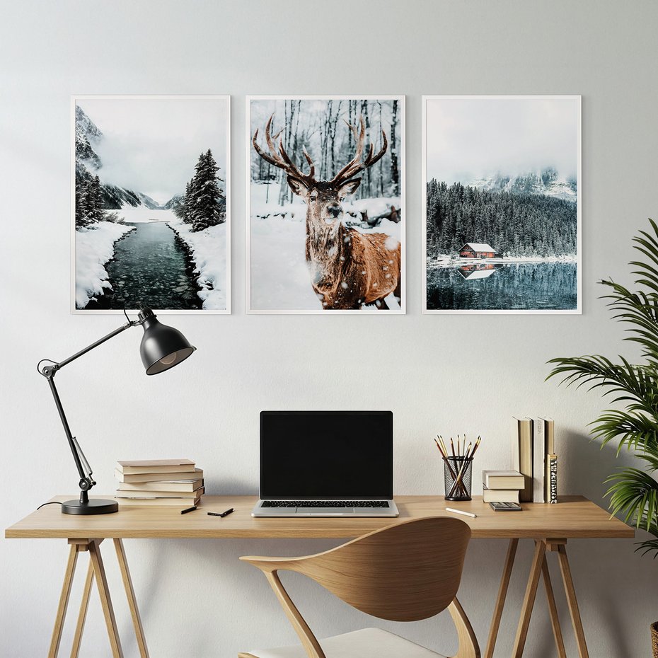 Zestaw obrazy w ramie, plakaty - zima, śnieg, krajobraz - rama biała
