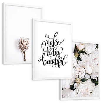 Zestaw obrazy w ramie, plakaty - kwiaty, napisy, protea - rama biała