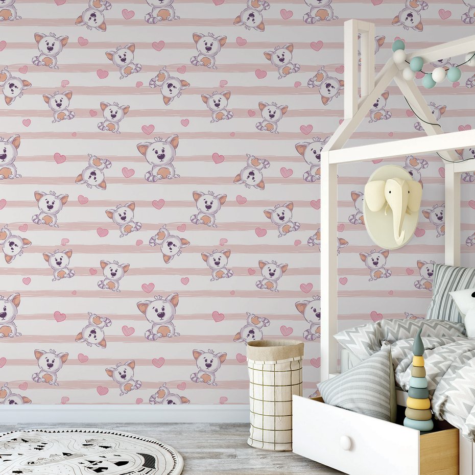 Tapeta - dziecięca, misie, serca, paski