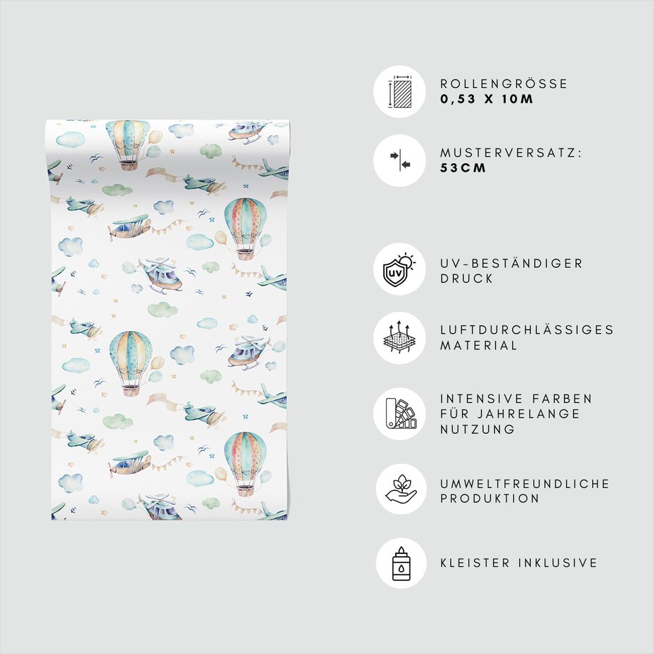 Tapeta - dziecięca, samoloty, balony