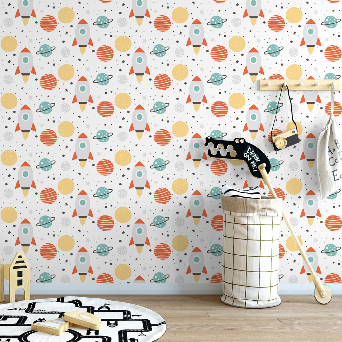 Tapeta - dziecięca, rakieta, planeta, gwiazdy