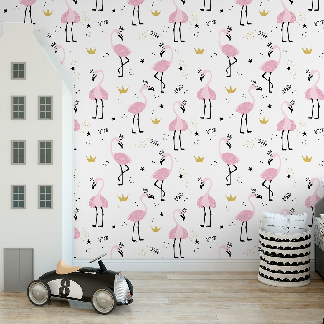 Tapeta - dziecięca, flaming, korona, gwiazda