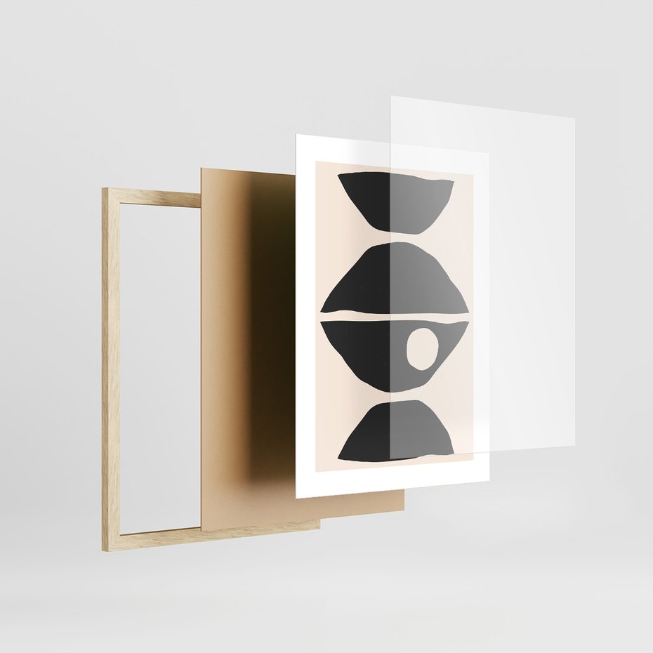 Zestaw obrazy w ramie, plakaty - abstrakcja, minimalizm, kształty - rama drewno