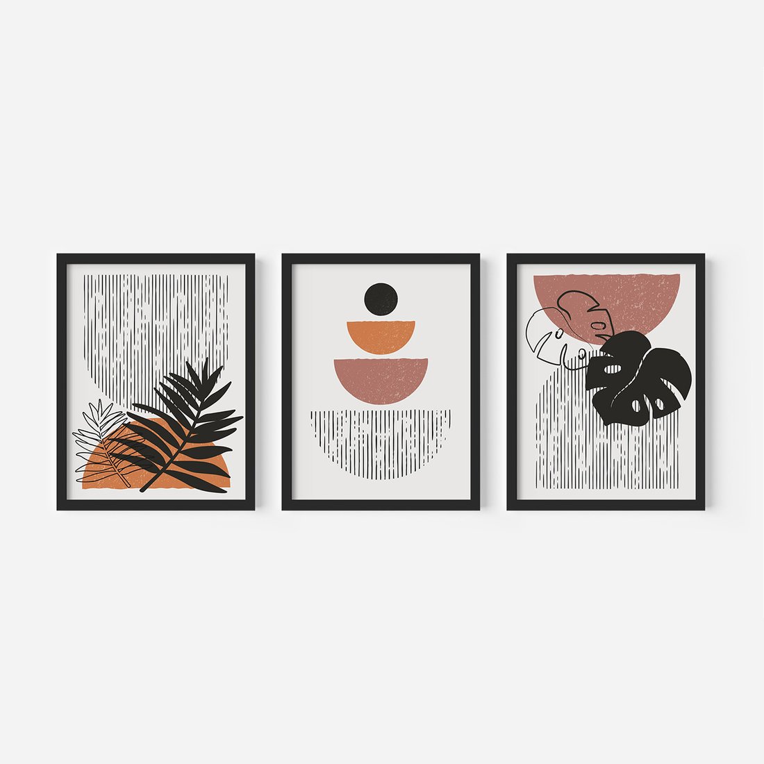 Zestaw obrazy w ramie, plakaty - abstrakcja, liście, minimalizm - rama czarna