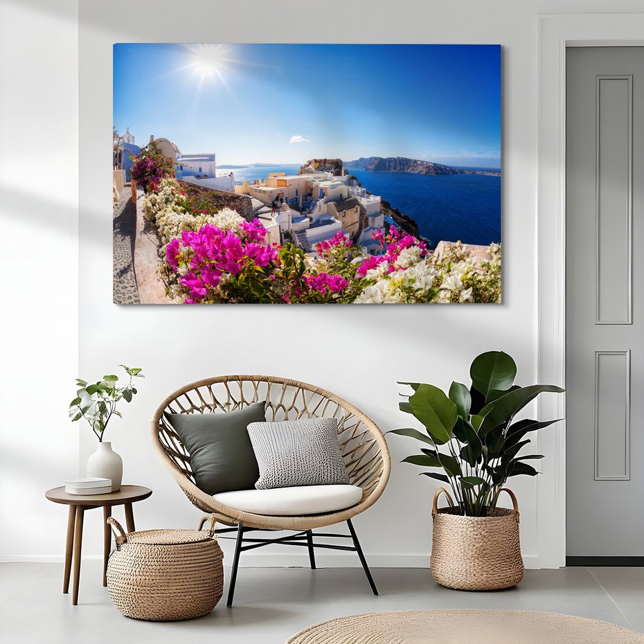 Obraz na płótnie - Santorini, Grecja, kwiaty