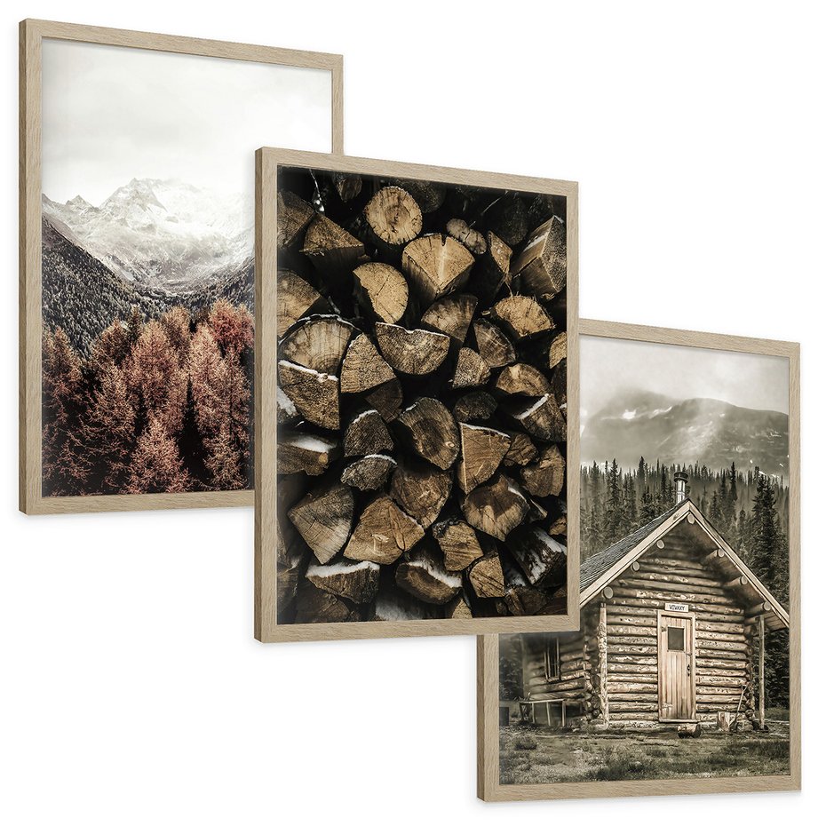 Zestaw obrazy w ramie, plakaty - góry, drewno, las - rama drewno
